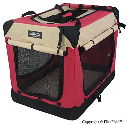 EliteField 3-Door Folding Soft Dog Crate, Indoor & Outdoor Pet Home, Multiple Sizes and Colors Available (36L x 24W x 28H, Red+Beige)