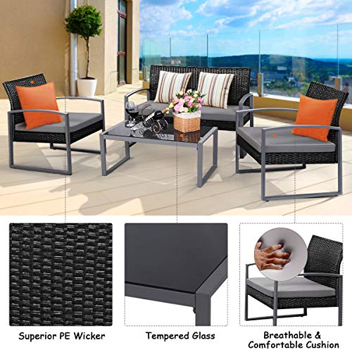 Tangkula 4 PCS Outdoor Patio Furniture Rattan Wicker Conversation Set