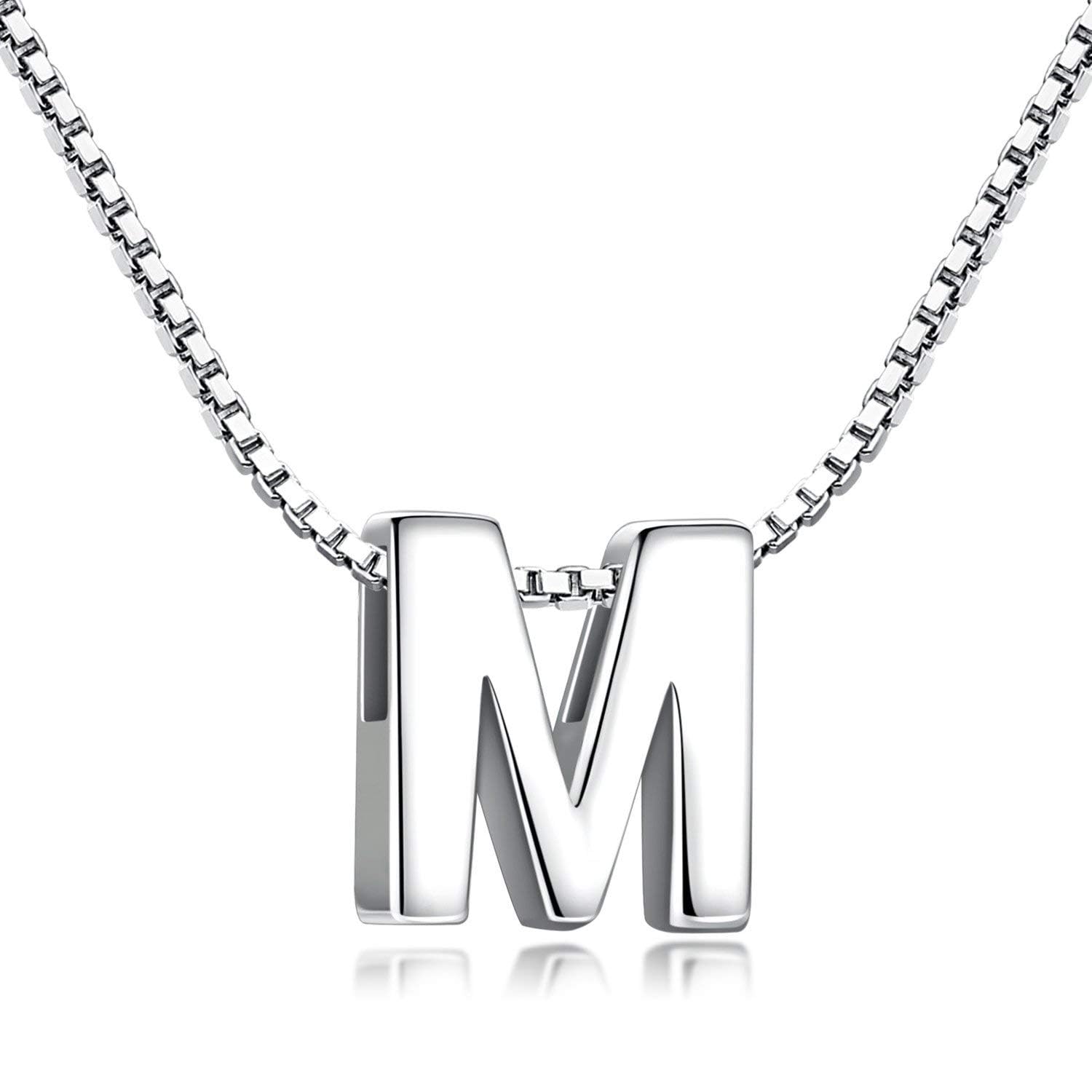Candyfancy 1.0mm 18 inch 925 Sterling Silver 26 Small Letters Alphabet A-Z Initial Pendant Box Chain Necklace (M with Chain) — image 1