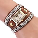 Women's Vintage Square Dial Rhinestone Weave Wrap Leather Bracelet Wrist Watch (Brown)