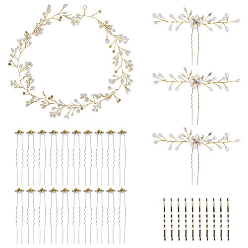 34 Pack Gold Vintage Retro Rustic Wedding Bridal Long Hair Vine Headpiece Jeweled Headbands Crystal Beads Rhinestone Pearl Flowers Leaf Chain Tiara Crown Floral Wreath Hairband Hair Clips Bobby Pins