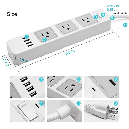 image for USB Surge Protector-JACKYLED Space Saving 4-USB 3-Outlet 9.8ft Long Co