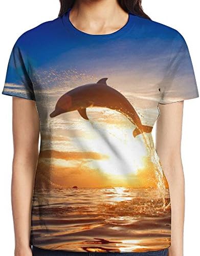 ZAPAGE Female Dolphins Leaped Out Of The Sea Short Sleeve Shirt Round Neck Lady Shirt
