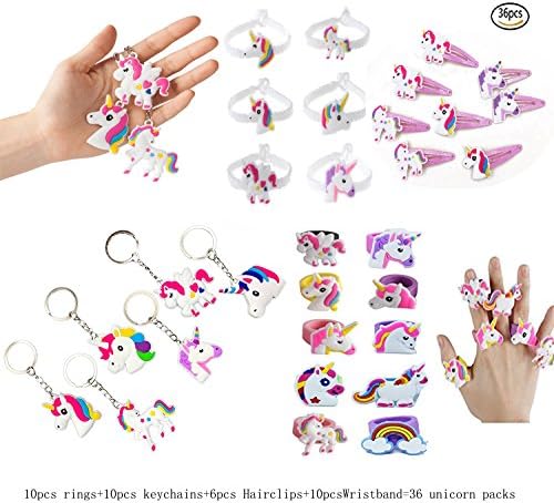 Fineder 36PCS Rainbow Unicorn Birthday Party Favor Set, Unicorn Bracelets, Keychains, Rings, Hair Clips, Unicorn Party Supplies Novelty Toy, Party Games Gift