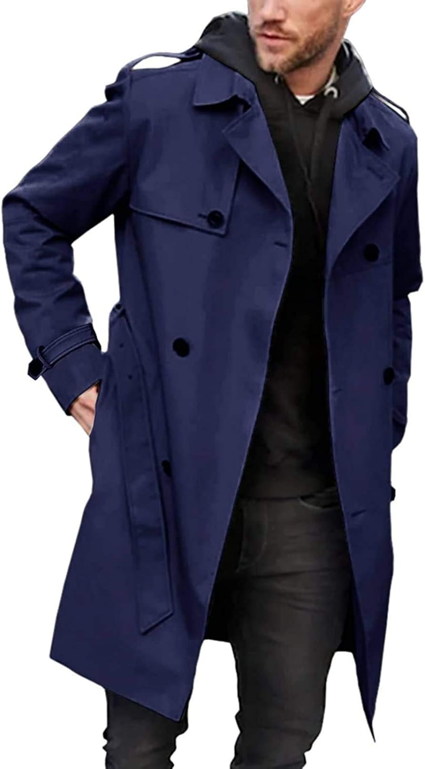 Men's Trench Coat Slim fit Long Lapel Double Breasted Belted Windbreaker Jacket Windproof Button Overcoat at  Men’s Clothing store