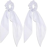 Mabor 2 Pcs Knotted Bow Satin Hair Scrunchie Hair Tie with Bow Hair Scarf with Tail Hair Scrunchies Elastic Hair Scarf Ponytail Holder for Women and Girls,White