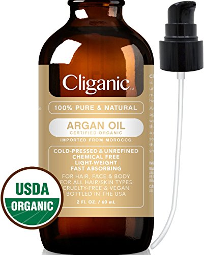 USDA Organic Argan Oil with Pump, 100% Pure | Moroccan Argan Oil for Hair, Face & Skin | Natural Cold Pressed Unrefined Carrier Oil - Certified Organic | Cliganic 90 Days Warranty