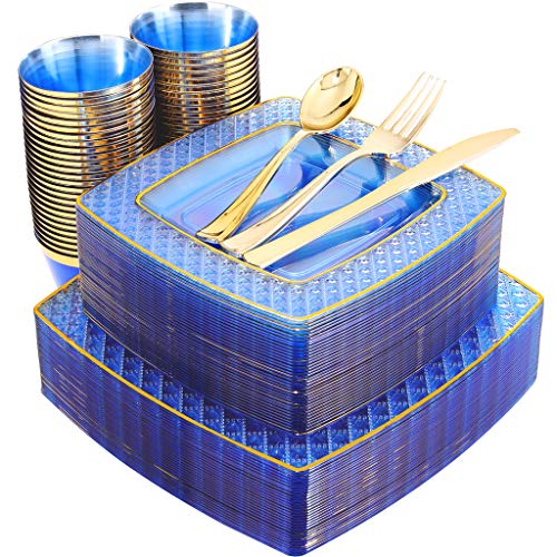 Nervure 150PCS Blue with Gold Sqaure Plastic Plates & Gold Silverware Set：25 Dinner Plates 9.5", 25 Dessert Plates 7.6", 25 Cups 9 Oz, 25 Forks, 25 Knives, 25 Spoons.