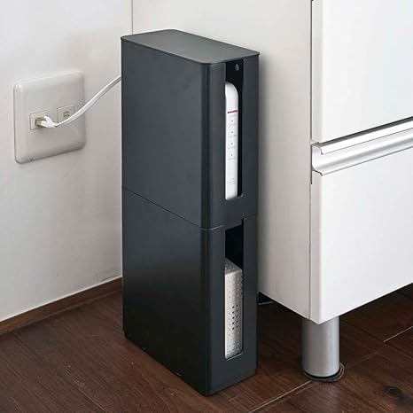 Amazon Co Jp 山崎実業 重ねられるスリム蓋付きルーター収納ケース 2個セット モデム ルーター 収納 ルーターボックス モデムラック ブラック ホーム キッチン