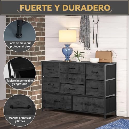 FURRIFIC Cómoda Gran Capacidad de 9 Cajones,100 * 75 * 30cm,Cajonera para Recamara,Ropa,Hogar Y Oficina,Organizador Cajonera de Estructura Metal con Cajones de Tela en 3 Tamaños,Negro