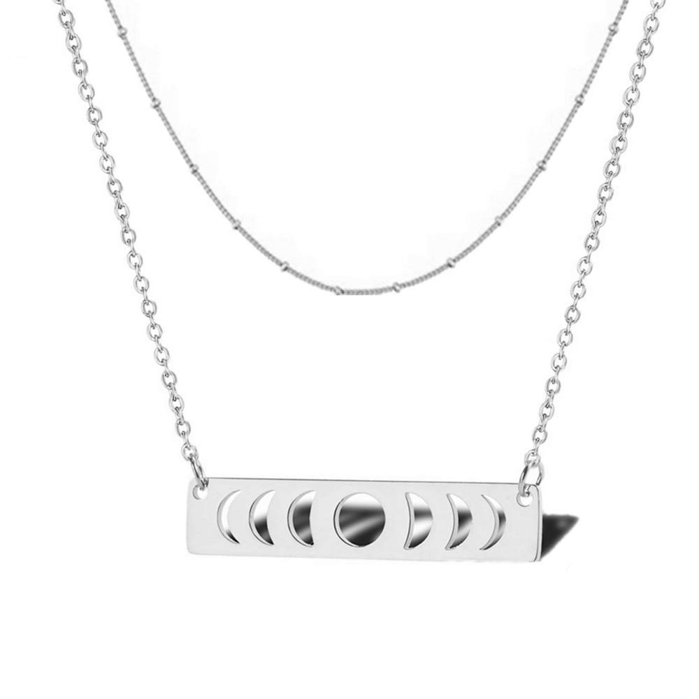 UALGL Stainless Steel Moon Phase Pendant Necklace Bar Chain Choker Necklace for Women Girls Triple Goddess Jewelry