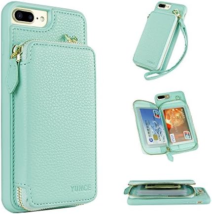 iPhone 7 Plus Wallet Case, YUNCE iPhone 8 Plus Leather Wallet Case Credit Card Holder Slot Protective Leather Zipper Wallet Case With Card Holder Handbag Cover for iPhone 7 / 8 Plus (Mint)