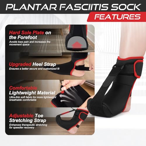 Moohome Plantar Fasciitis Night Splint Sock Soft Plantar Fasciitis Brace for Sleeping Achilles Tendonitis Foot Drop Heel Pain - Plantar Fasciitis Relief Night Splint for Women Men Black-Red Medium