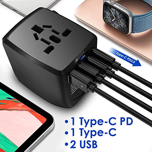 Travel Adapter, 2400W International Power Adapter,1 Type-C PD 3.0 & 1 Smart Type-C & 2 USB All in One Power Plug Adapter for High Power Appliances for UK, EU, AU, US, Over 200 Countries (Black)