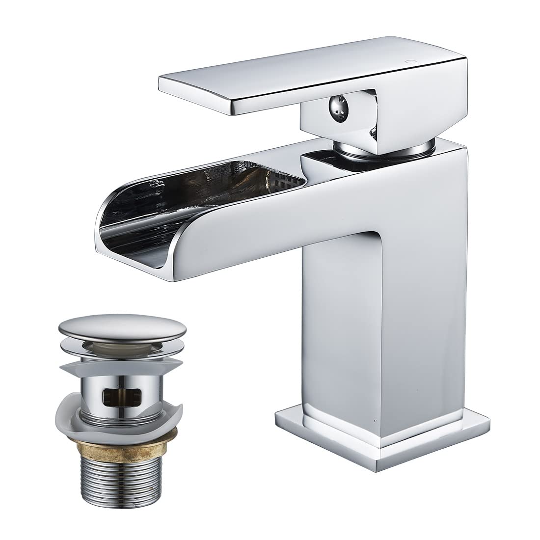 Luckyhome Waterfall Basin Tap with Waste,Bathroom Single Lever Chrome Plated Brass Sink Mixer Tap