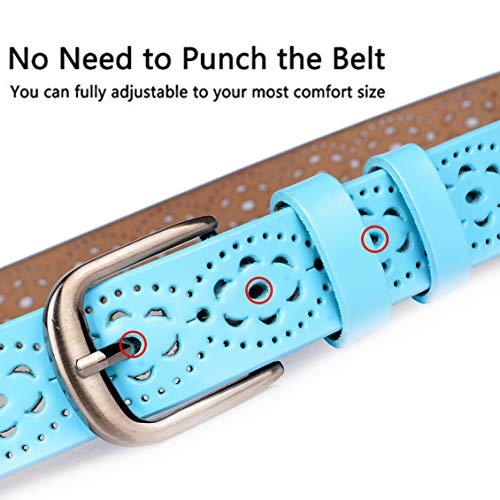 Gackoko Women belt - Hollow Flower Cowhide Leather Belt Ladies Vintage Cowgirl Western Design With Alloy Buckle (M, Sky Blue) - Thumbnail 2