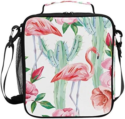 Hunihuni Watercolor Flamingo Cactus Insulated Lunch Box Tote Bag Leakproof Bento Box with Adjustable Shoulder Strap for Adults & Kids