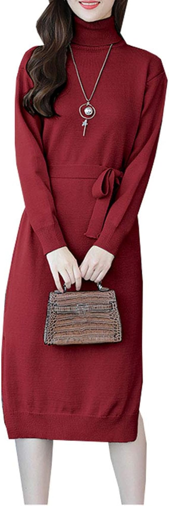 Amazon ワンピース レディース セーター ニット ハイネック タートルネック 長袖 Aライン シルエット 厚手 暖かい 防寒 秋 冬 春 ネックレス付き ワイン 2xl ワンピース チュニック 通販