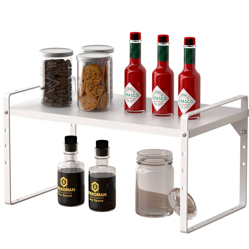 Photo 1 of Slideep Expandable Shelf Rack Counter Organizer 16.54'' to 27.17'', 10.24'' Width Stackable Cabinet Shelves Organizer Storage Rack Cupboard Stand Spice Rack for Kitchen Bathroom Pantry -White