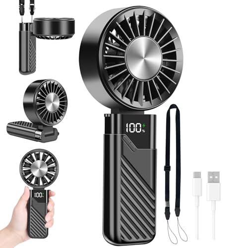 Feebee Portable Fan, Mini USB Hand Fan Small Portable Rechargeable Pocket Fan 5 Speed, 4000 mAh, Outdoor Battery Hand Fan for Office, Travel, Makeup, Camping (Black)