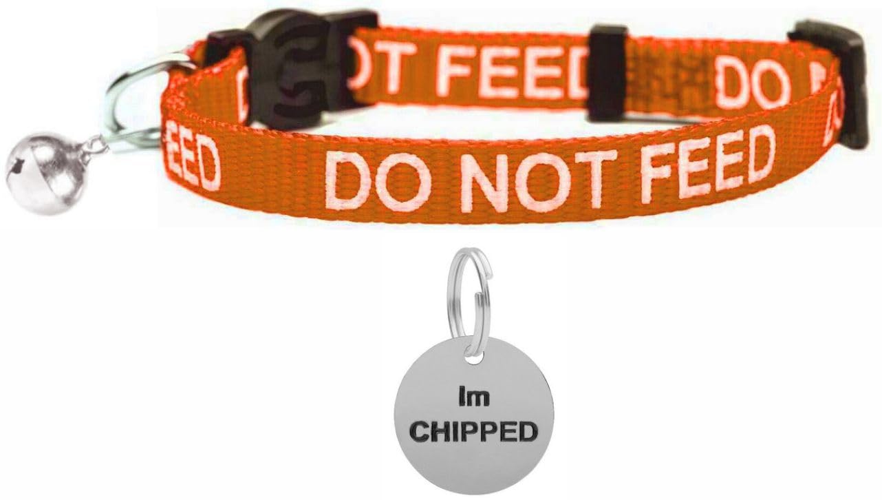 LARRYROO Cat Collar With DO NOT FEED Print - Soft Nylon & Safety Release Buckle - With Personalised Engraved Round Silver ID Tag with IM CHIPPED Print (Orange)