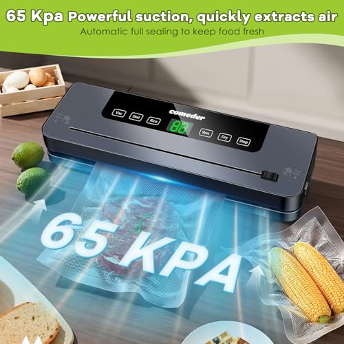 comeder 6 in 1 Vacuum Sealer Machine, 30cm Longer Seal Food Sealer with 50Pcs Vacuum Sealer Bags for Vac/Seal/Rice/Wet/Dry Mode, Built-in Cutter and Visible LED Digital Countdown Display, UK Plug