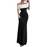 GORGLITTER Women's Off Shoulder Bodycon Maxi Dress Backless Color Block Party Graduation Going Out Long Dresses