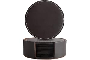 Leather Coasters Set of 6 with Holder- Protect Furniture from Water Marks & Damage, PU Leather Drink Coasters Cup Mat (Brown-