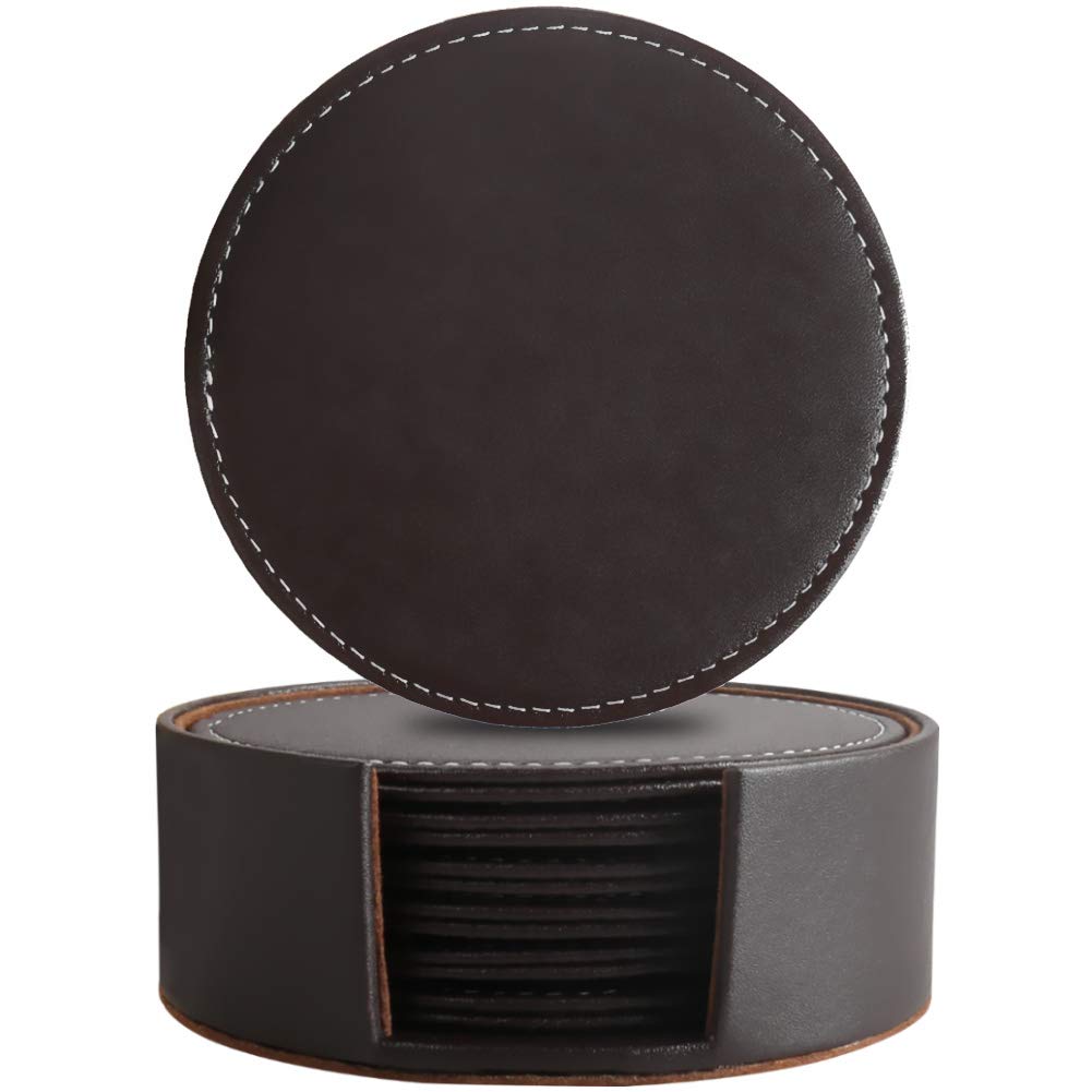 Leather Coasters for Drinks with Holder Set of 6,Coffee Mats Protect Furniture from Hot or Cold Water Marks & Damage, PU Leather Drink Coasters Suitable for Kinds of Mugs and Cups (Round Brown)