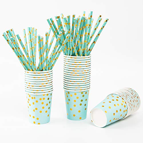 250PCS Paper Party Supplies - ENUOSUMA Disposable Paper Plates Tableware Set Include 50 Dinner Plates 50 Dessert Plates 50 Cups 50 Napkins 50 Straws For Party Wedding Birthday, Blue & Gold (Serves 50) - Thumbnail 3