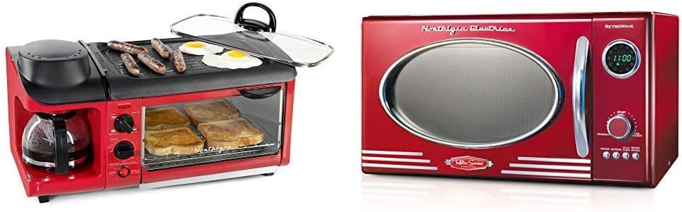 Nostalgia Retro Red 3-in-1 Breakfast Station and 0.9 Cu.Ft Microwave Oven Bundle