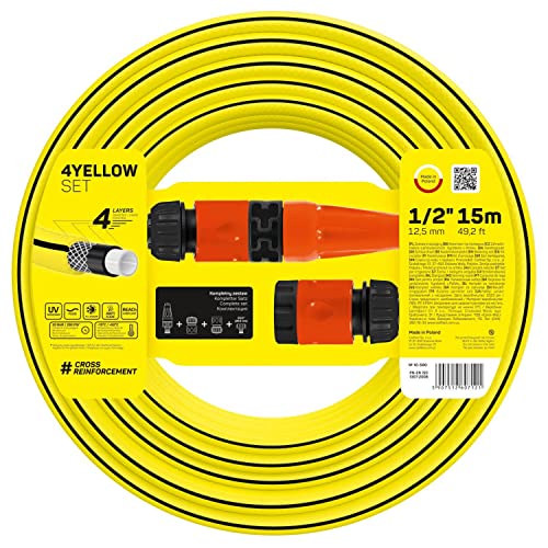 Kit d'arrosage 4JAUNE 15m de tuyau + arroseur droit, arrêt à connexion rapide et trop-plein, connexion avec filetage femelle G3/