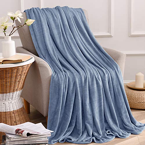 kawahome Washed Blue King Flannel Fleece Luxury Blanket Super Soft Plush Microfiber Solid Cozy Fuzzy Blanket for Bed Lightweight Couch/Sofa Blanket (108 x 90 Inch)