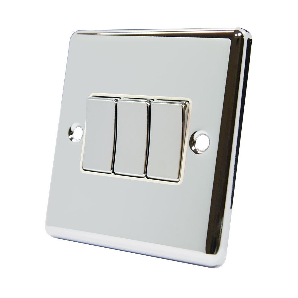 AET CPC3GSWIWC 10 A 3-Gang 2-Way Polished Chrome Classical Triple Light Switch with White Insert Metal Rocker Switch