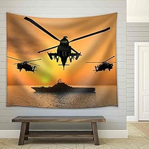 Apache Helicopter with Aircraft Carrier - Fabric Wall Tapestry Home Decor - 51x60 inches