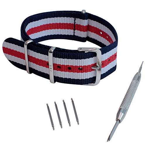 22mm Red, White, and Blue Nylon Replacement Watch Strap with Free Installation Kit Including 4 Spring Bars and Removal Tool - [BWC]