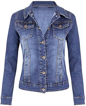 vpass New Women's Casual Button Denim Jacket Stretch Slim Fit Long Sleeve Jean Pocket Coat Sizes S-L2