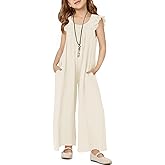 Haloumoning Girls Wide Leg Loose Jumpsuit Kids Casual Ruffle Sleeve Round Neck Romper with Pockets 5-14 Years