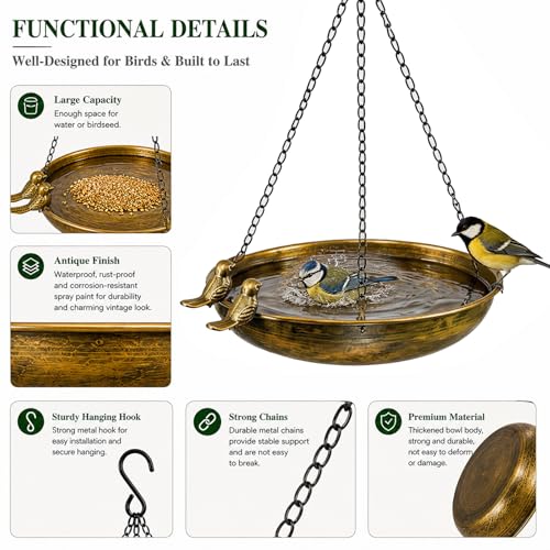 ZhouWei Bain d'oiseaux Suspendu en Métal, 25 cm Diamètre Abreuvoir Oiseaux Exterieur Suspendues, Bain Suspendu pour Oiseaux Jardin, Arrière Cour, Terrasse, Petits Decoration Jardin Balcon
