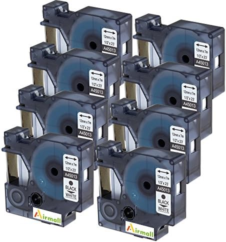 Airmall 8 Pack Compatible Dymo Standard D1 45013 Label Tape, Black Ink on White Label, 1/2" x 23' 12mm x 7m-8 Pack