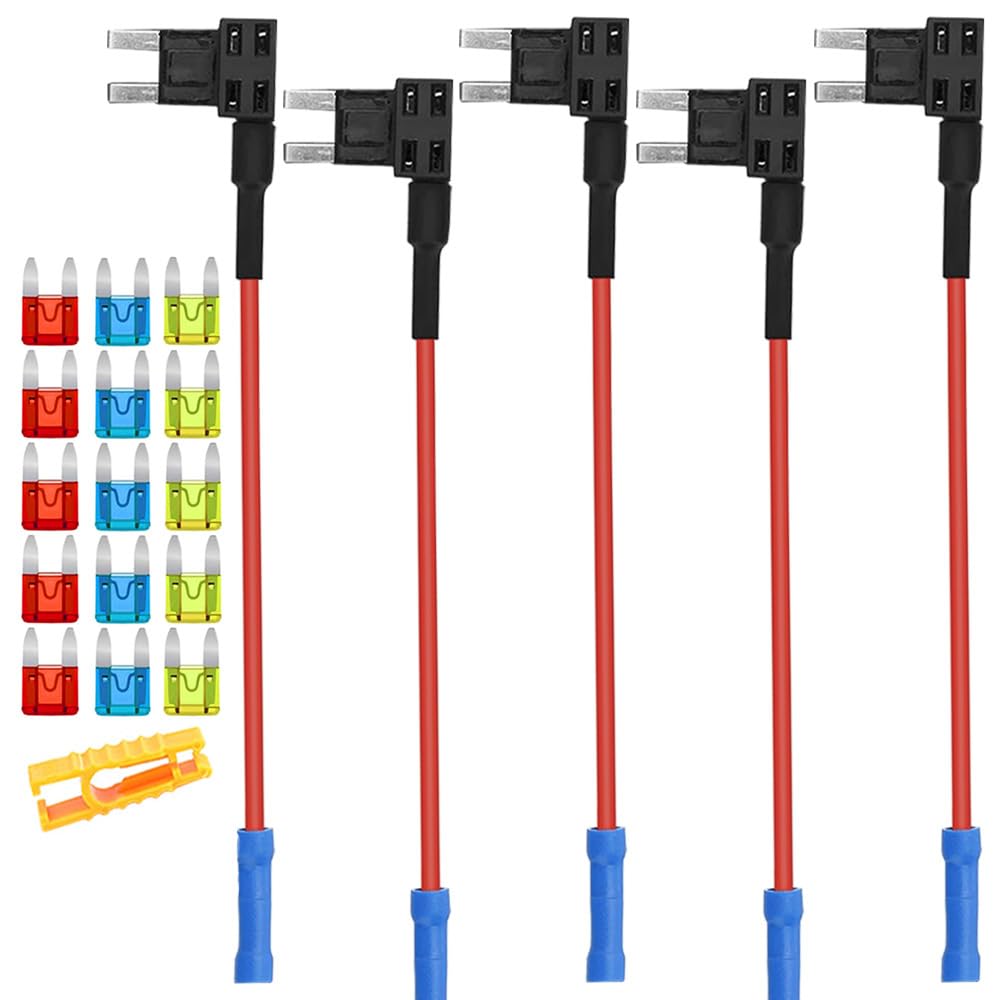 Aiqeer 5 Pieces 12V / 24V Small Piggy Back Fuse Holders, Car Add-a-Circuit Fuse Tap with Wire Harness, Free 15 Pieces Mini Blade Fuses and Puller (Crimp Terminal)