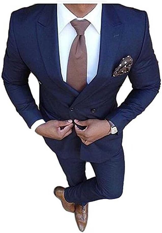 Men Suit Navy Peak Lapel Double Breasted 2pc Wedding Suit Groom Tuxedos