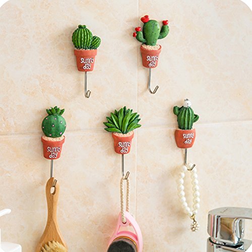Zubita Stainless Steel Hooks, Cute Simulation Cactus Plants Hooks Powerful Adhesive Wall Accessories Multifunction J Hook Holder for Bathroom, Kitchen and Bedroom (Long Leaf Cactus)