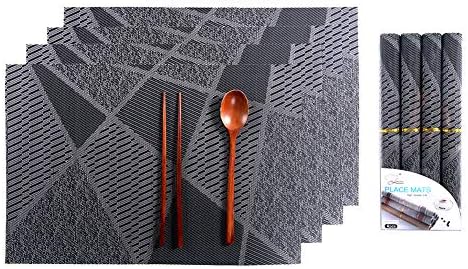 Florica Placemats Set of 4, PVC Woven Non-Slip Insulation Mat for Dining Table, Washable Heat-Resistant Table Mats for Present 12 x 18 inch (Irregular-Black)