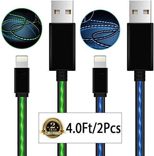 Lightning Cable,iCrius 2Pack 4FT Visible Flowing Charging Cable Cord Lightning to USB Cable Charger Compatible with iPhone 7/ 7 Plus/6/6s/6 plus/6s plus/ 5s/5c,iPad, iPod and More (Blue&amp;Green)