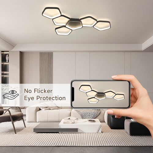 Kuwork Modern LED Ceiling Light, Living Room, 58 W, 3000 K - 6500 K, Dimmable with Remote Control and App Control, Night Light and Timer Function for Bedroom Ceiling Lamp, 90 cm, Black