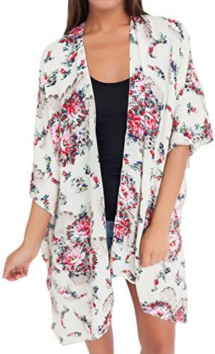 Sisiyer Women's Casual Floral Print Chiffon Kimono Cardigan Blouse Beach Cover Up Swimwear White X-Large