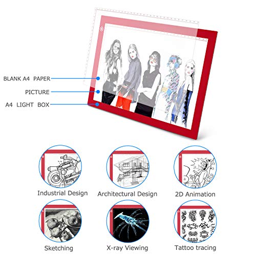 A4 Dimmable Brightness LED Artcraft Light Box Tracer Slim Light Pad Portable Tablet, ME456 USB Power Cable Copy Drawing Board Tracing Table for Artists Designing, Animation, Sketching (Red)