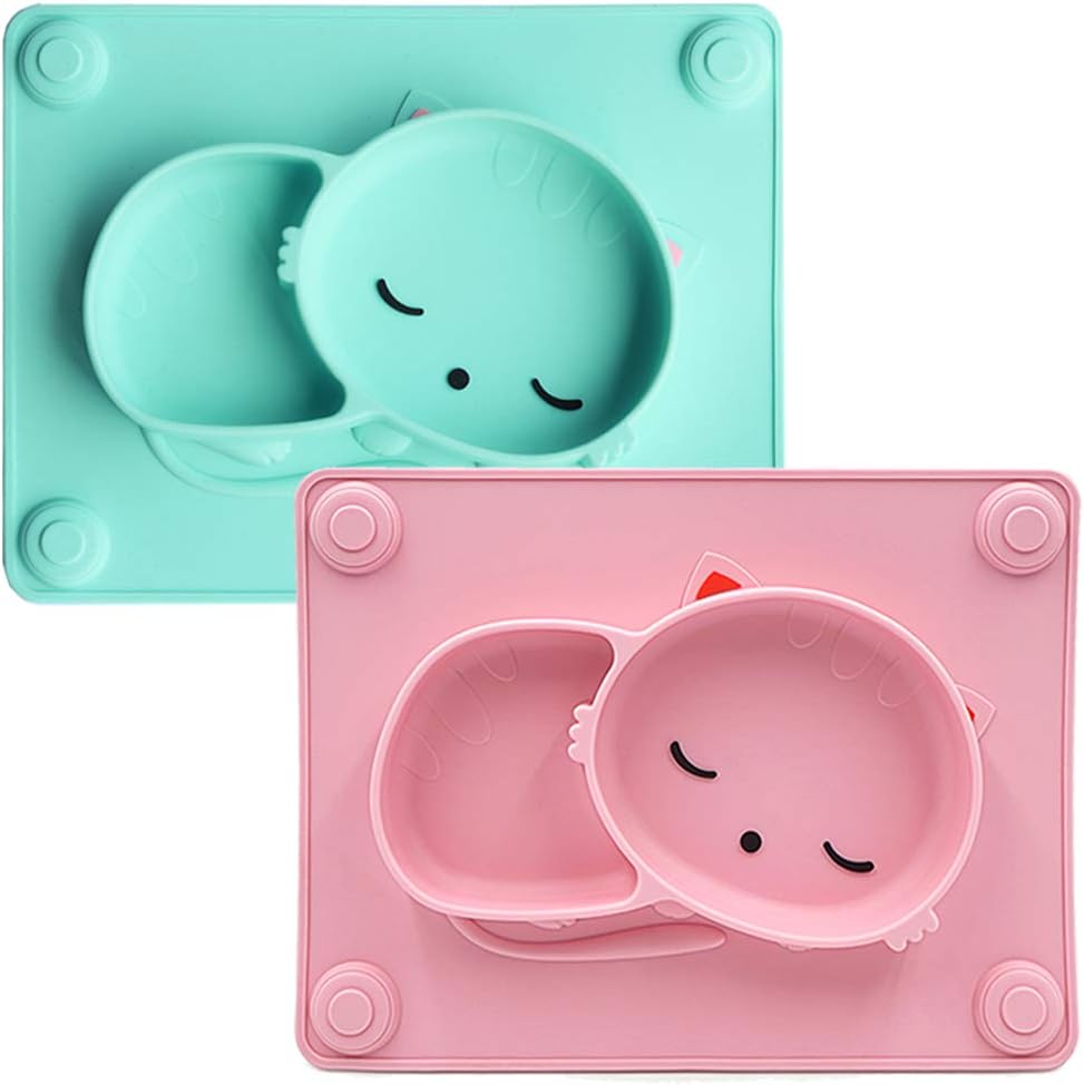 Baby Silicone Suction Plates,Toddler Placemat Divided Feeding Food Mat for Kids Fits Most Highchair Trays (Cyan & Pink)