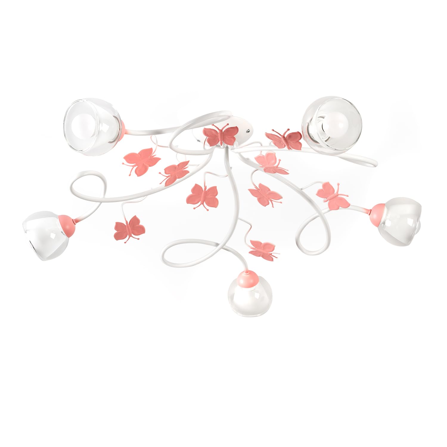 ONLI Ceiling Light 5 Bedroom Lights in White Metal with Pink Painted Butterflies